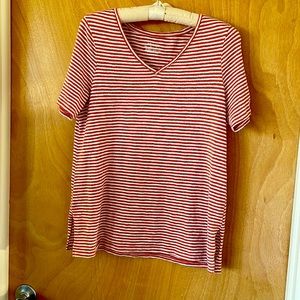 Chicos tee. Rust colored stripes with metallic accent.